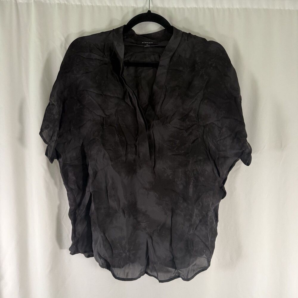 Acrobat 100% Silk Blouse Women's XS Grey Semi Sheer Vneck Pullover Lightweight